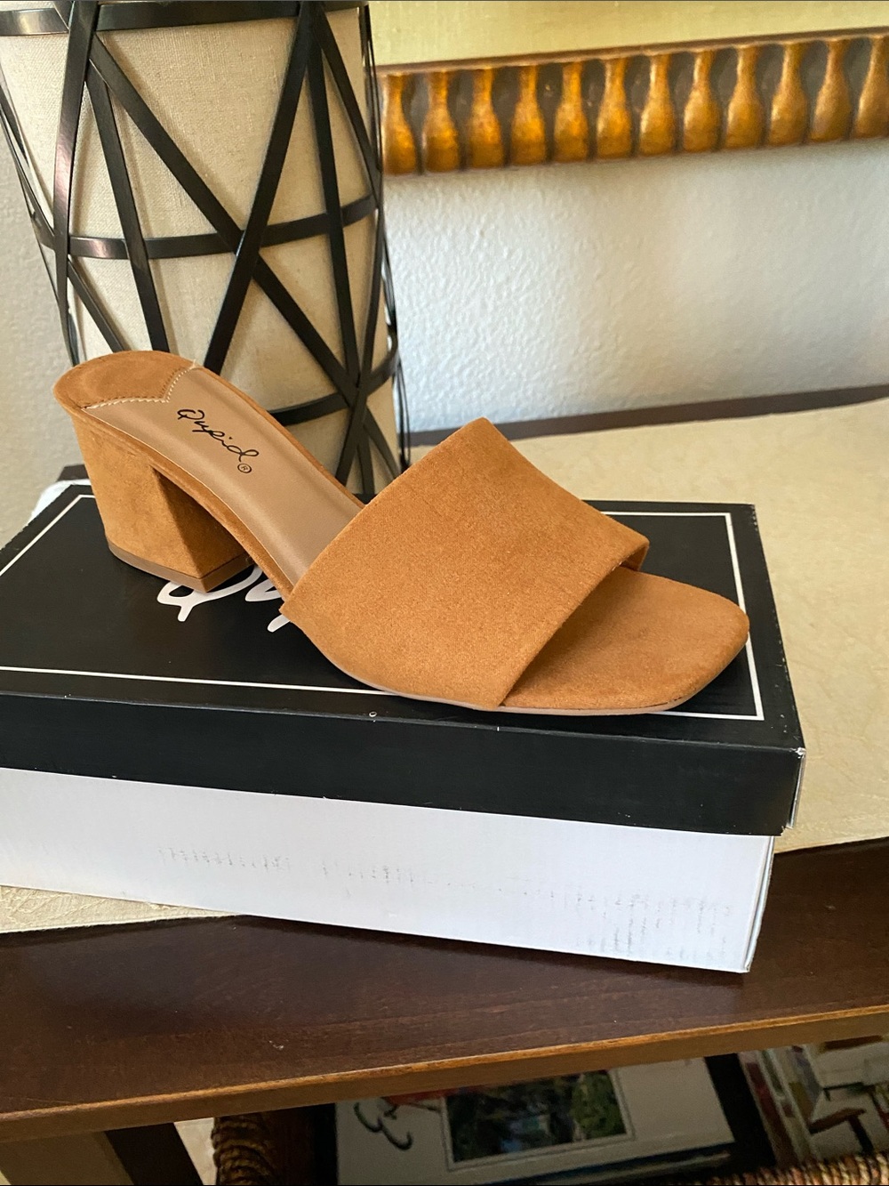 Qupid Tan Suede Block Heel Mule